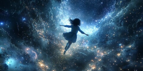 Obraz premium Young Asian girl gracefully floating in dark space, surrounded by galaxies and stars, reaching for the distant light