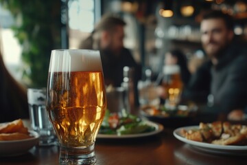 People eating lunch at brewery with beer on table.