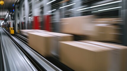 Fast Moving Cardboard Boxes On Conveyor Belt In Warehouse