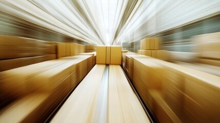 Fast Moving Cardboard Boxes on Conveyor Belt in Warehouse