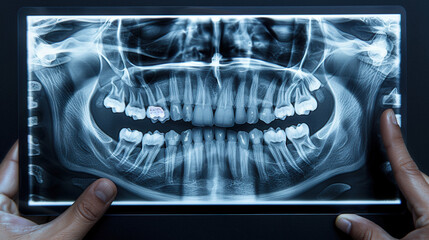 dentist is analyzing X ray of patients mouth, highlighting cracked tooth. This detailed image showcases dental health and importance of regular check ups