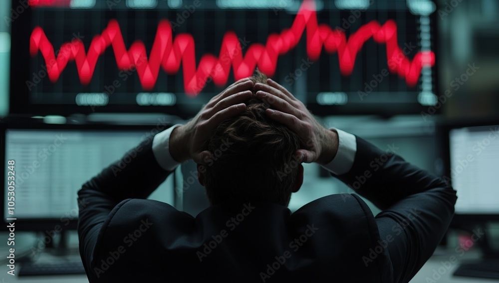 Poster a businessman in a suit sits in front of multiple monitors displaying a red, downward trending graph