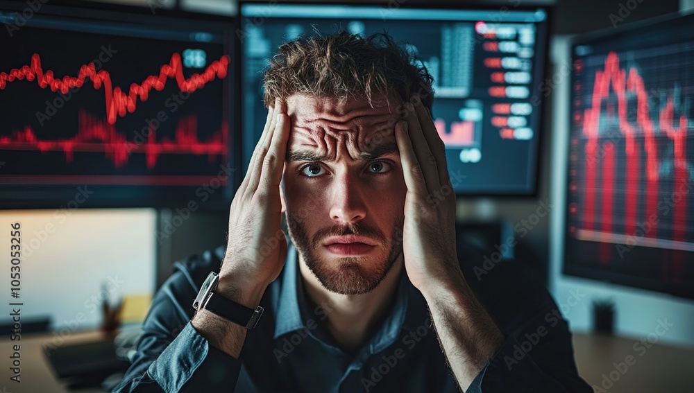 Poster a stressed businessman sits in front of his computer screen, staring at graphs with a pained express