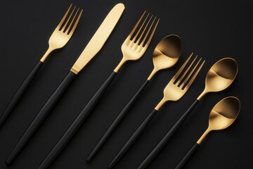Stylish black and gold cutlery on dark background. Luxury dining.