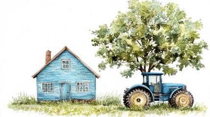 Obraz premium Watercolor Painting of Blue House Tractor and Tree