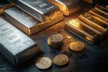 Silver and gold bars and coin on a dark background.