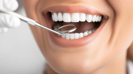 Fototapeta premium dentist performing scaling to remove tartar buildup from patients teeth, showcasing bright smile and dental tools. scene emphasizes dental care and oral hygiene