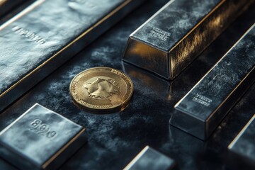 Silver and gold bars and coin on a dark background.