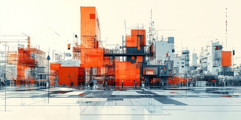 Fototapeta premium Vibrant Urban Mosaic, an engaging 3D urban landscape featuring colorful patterns and warm industrial elements, showcasing city life energy