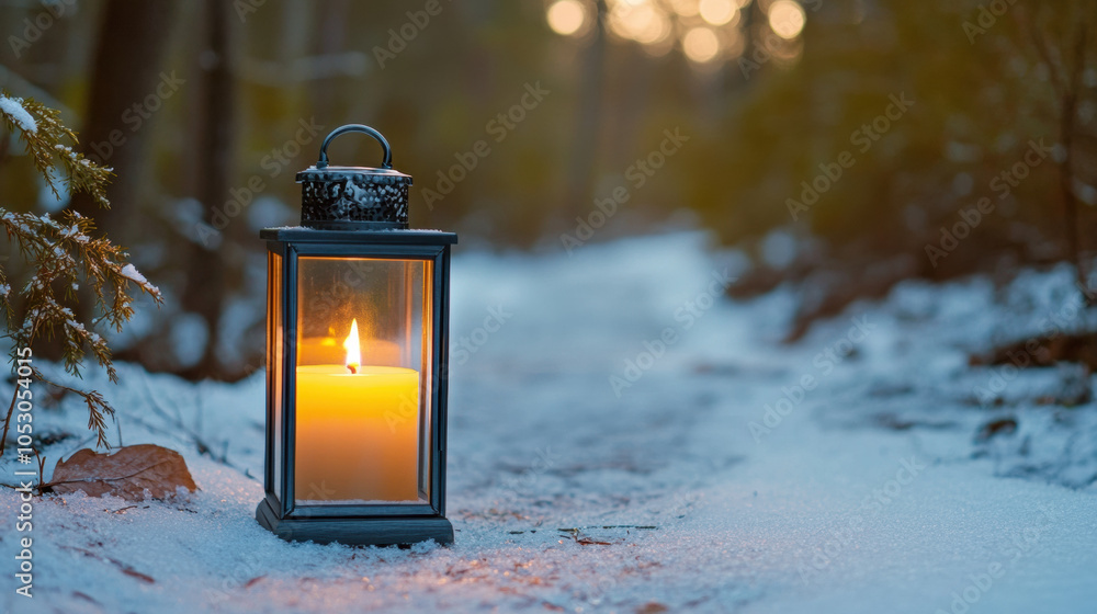 Poster glowing lantern illuminates snowy path in serene forest setting, creating warm and inviting atmosphe