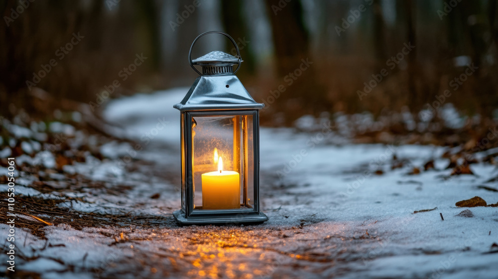 Poster glowing lantern illuminates snowy path in tranquil forest, creating serene and inviting atmosphere. 