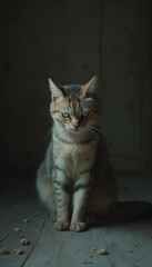 Obraz premium Tabby Cat Sitting Indoors with Calm and Focused Expression