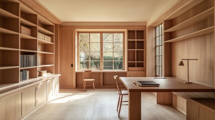 Fototapeta premium Home office space within a Thameside Arts and Crafts renovation, featuring minimalist furniture and built-in wooden shelves.