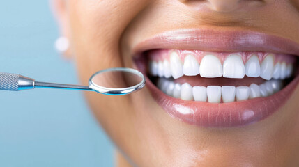 Fototapeta premium smiling woman showing her healthy teeth with dental mirror in foreground, reflecting bright and confident expression