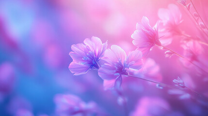 Obraz premium Delicate pink and blue flowers blooming softly in a vibrant garden during springtime