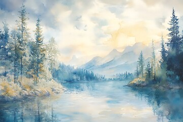 Fototapeta premium Watercolor Mountain Lake Serenity