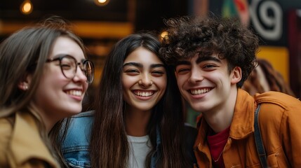 Fototapeta premium Three friends creating timeless memories together through shared laughter, celebrating the beauty of youth, diversity, and friendship in the vibrant heart of the city.
