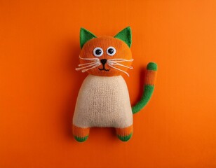Fototapeta premium handmade wool cat isolated on solid orange background,