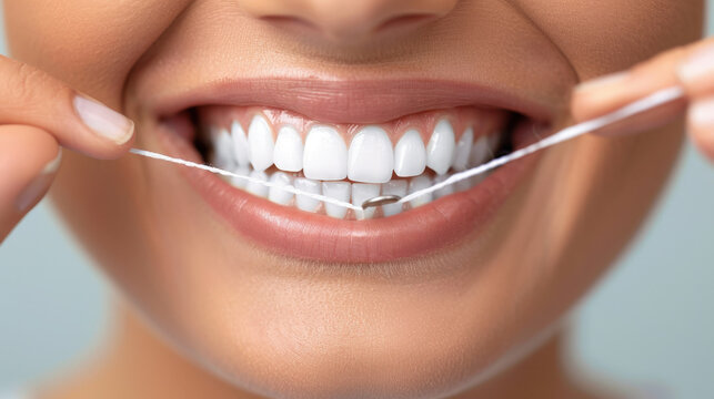 person smiling while using dental floss, showcasing bright, healthy teeth. This emphasizes importance of oral hygiene and regular dental care
