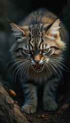 Obraz premium Brown Tabby Kitten Hissing Indoors with Aggressive Expression