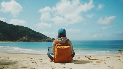 Fototapeta premium Remote worker on a beach with laptop, file access, relaxing yet focused, high quality, DSLR, 16:9