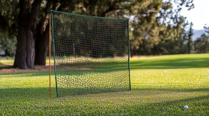A golf practice net set up in a lush green field, providing a perfect spot for golfers to improve their skills and technique.