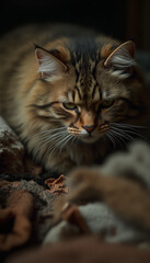 Fluffy Maine Coon Cat Sitting Indoors with Calm and Relaxed Expression