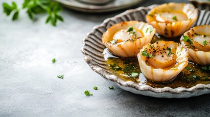 Grilled Scallops with Parsley and Olive Oil on a White Plate