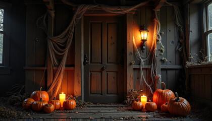 Obraz premium Old wooden door with cobwebs, scattered pumpkins and candles around, evening lighting with mysterious shadows, atmosphere of an old house with creepy elements.Halloween night.