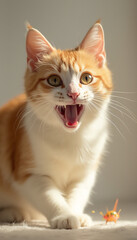 Obraz premium Orange Tabby Kitten Yawning Indoors with Playful and Happy Expression