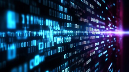 Abstract digital data stream with binary code and glowing light effects.