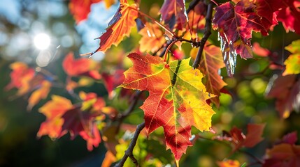 Fototapeta premium Autumn leaves on blue sky background with sun