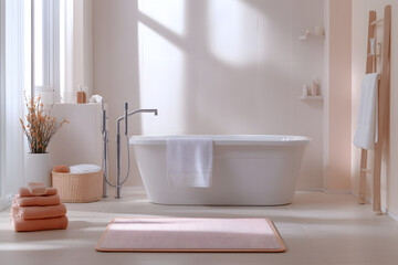 Fototapeta premium Elegant and Safe Bathroom Design for Bath Safety Month with Modern Freestanding Tub and Towels