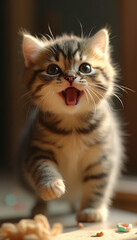 Obraz premium Playful Tabby Kitten Yawning Indoors with Curious and Energetic Expression