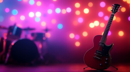 Obraz premium Electric guitar with colorful bokeh lights in the background, perfect for music themes.