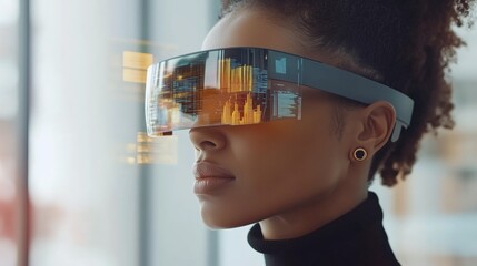 Futuristic augmented reality headset holographic displays technology office innovation. AI generated