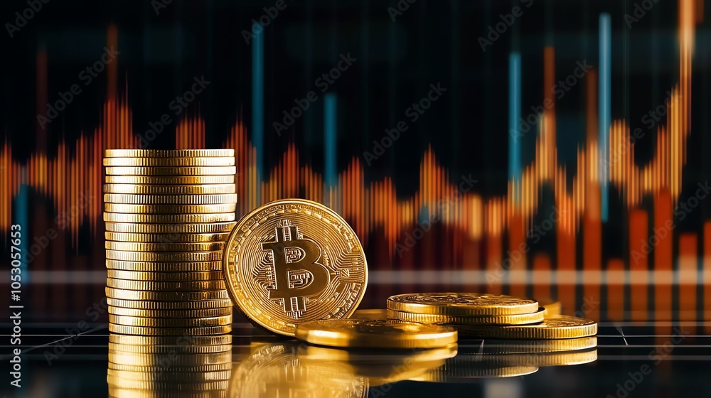 Aufkleber gold bitcoins stacked on a reflective surface with a digital graph in the background.