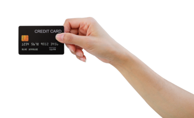 female shopping hand holding credit card with isolated against transparent background.