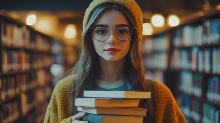 Hipster student in her 21s with glasses, confidently holding a stack of books in a cozy
