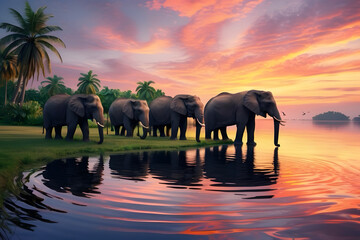 Ultra high 4k resolution image of Elephants at a Sunset Oasis