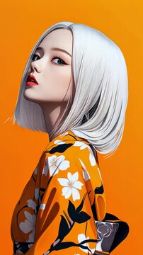Studio portrait against vibrant orange backdrop. Subject wearing floral-patterned outfit in orange and black. Sleek platinum bob haircut with precise angular cut. 