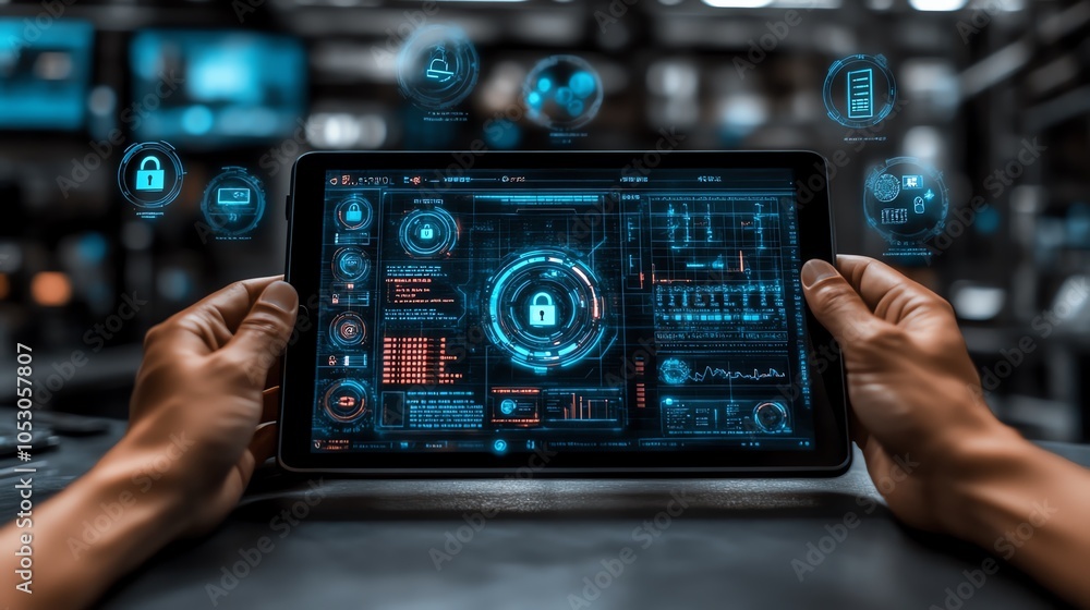 Poster hands holding tablet with futuristic security interface and digital elements.