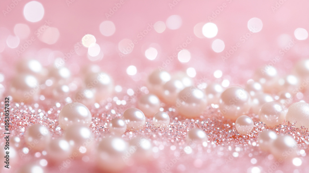 Poster delicate pearls shimmering on a soft pink background with gentle bokeh effect