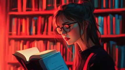 Hipster university student in her 12s with glasses, surrounded by bookshelves, holding