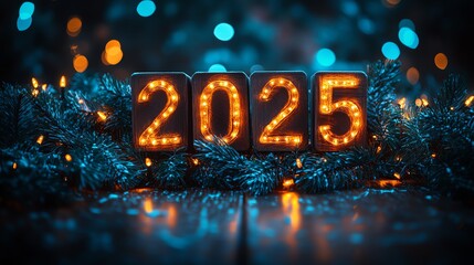 Illuminated numbers 2025 surrounded by festive lights and decorative greenery.