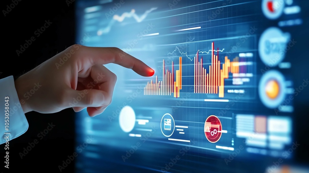 Poster person interacting with a digital analytics dashboard on a screen.