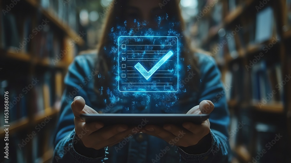 Poster person holding tablet displaying digital checklist in library background.