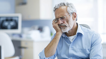 Fototapeta premium patient holding their jaw in pain while sitting in dental office, expressing discomfort and concern. environment suggests clinical setting with dental equipment visible