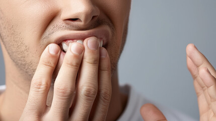 man holding his jaw in pain, showing signs of dental discomfort. His expression reflects distress, highlighting importance of dental care and health