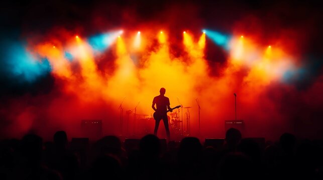 Silhouette of a guitarist on stage with vibrant lighting and smoke effects.